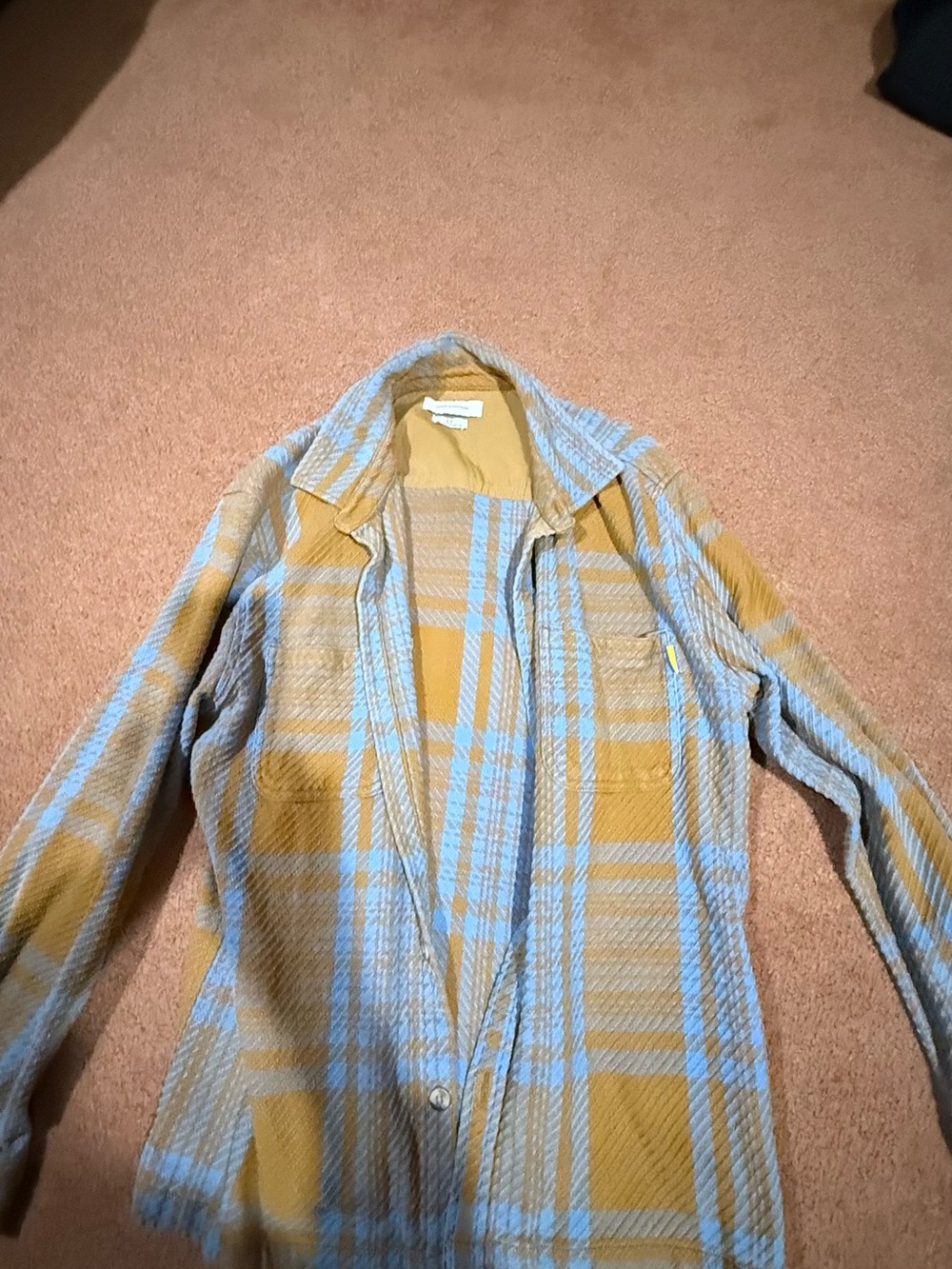Urban Outfitters Plaid Button-Down Shirt Jacket in Mustard and Light Blue